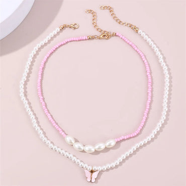 Cute Sweet Butterfly Artificial Pearl Beaded Layered Women'S Necklace