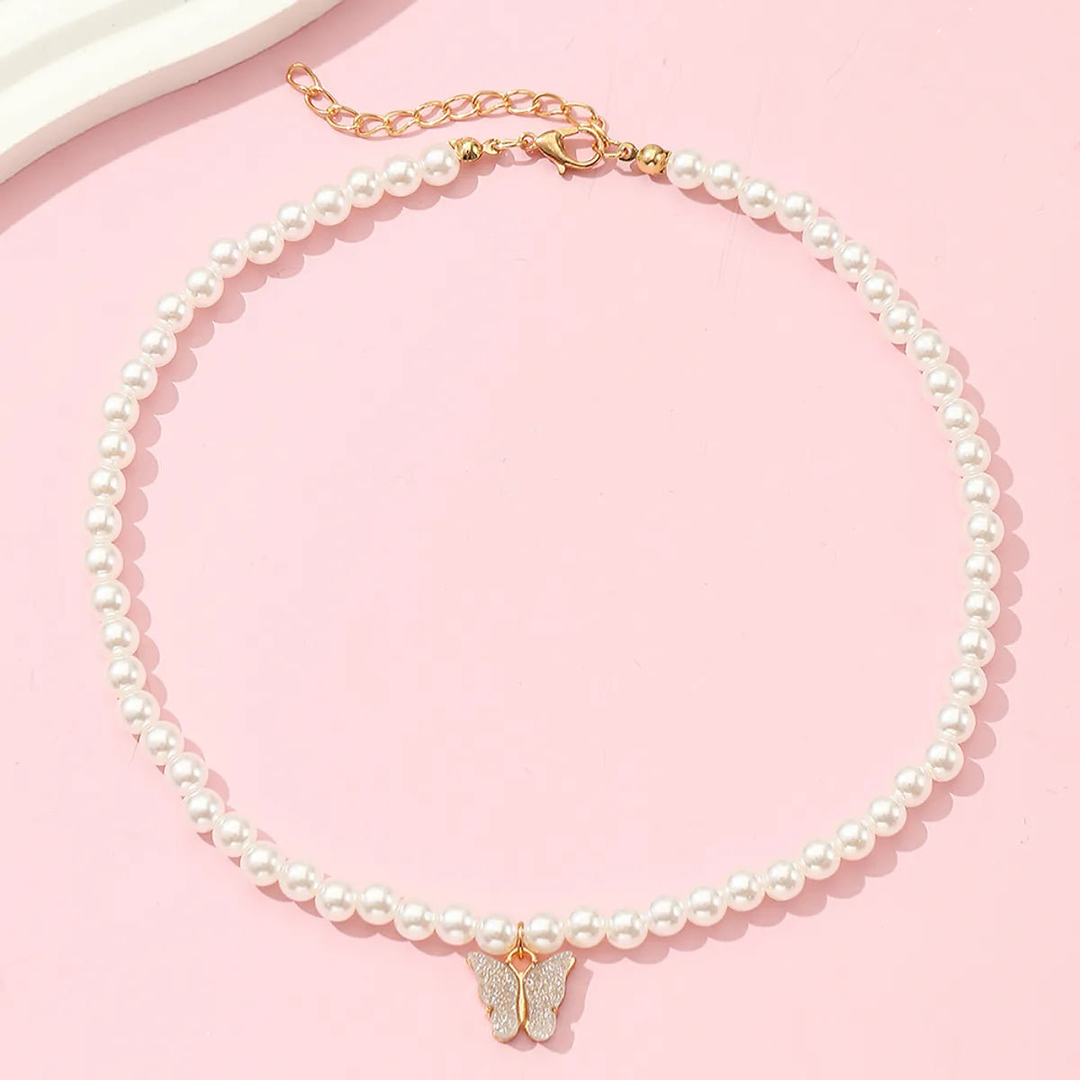 Cute Sweet Butterfly Artificial Pearl Metal Beaded Girl's Pendant Necklace