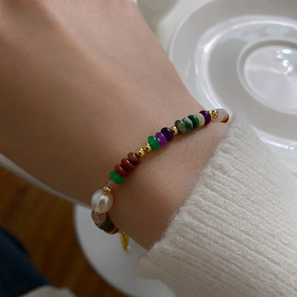 Cute Sweet Colorful 304 Stainless Steel Natural Pearl Natural Stone Bracelets In Bulk