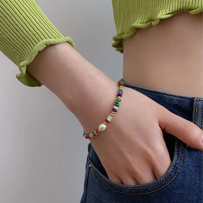 Cute Sweet Colorful 304 Stainless Steel Natural Pearl Natural Stone Bracelets In Bulk