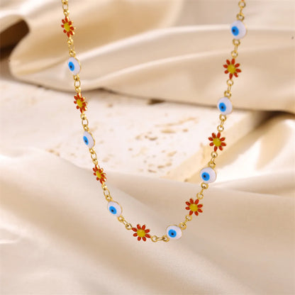 Cute Sweet Devil's Eye Flower Stainless Steel Enamel Plating Inlay Zircon 18k Gold Plated Necklace