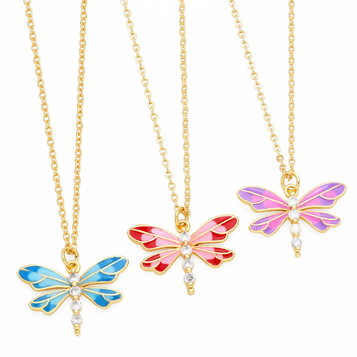 Cute Sweet Dragonfly Stainless Steel Copper Enamel Plating Zircon 18k Gold Plated Pendant Necklace