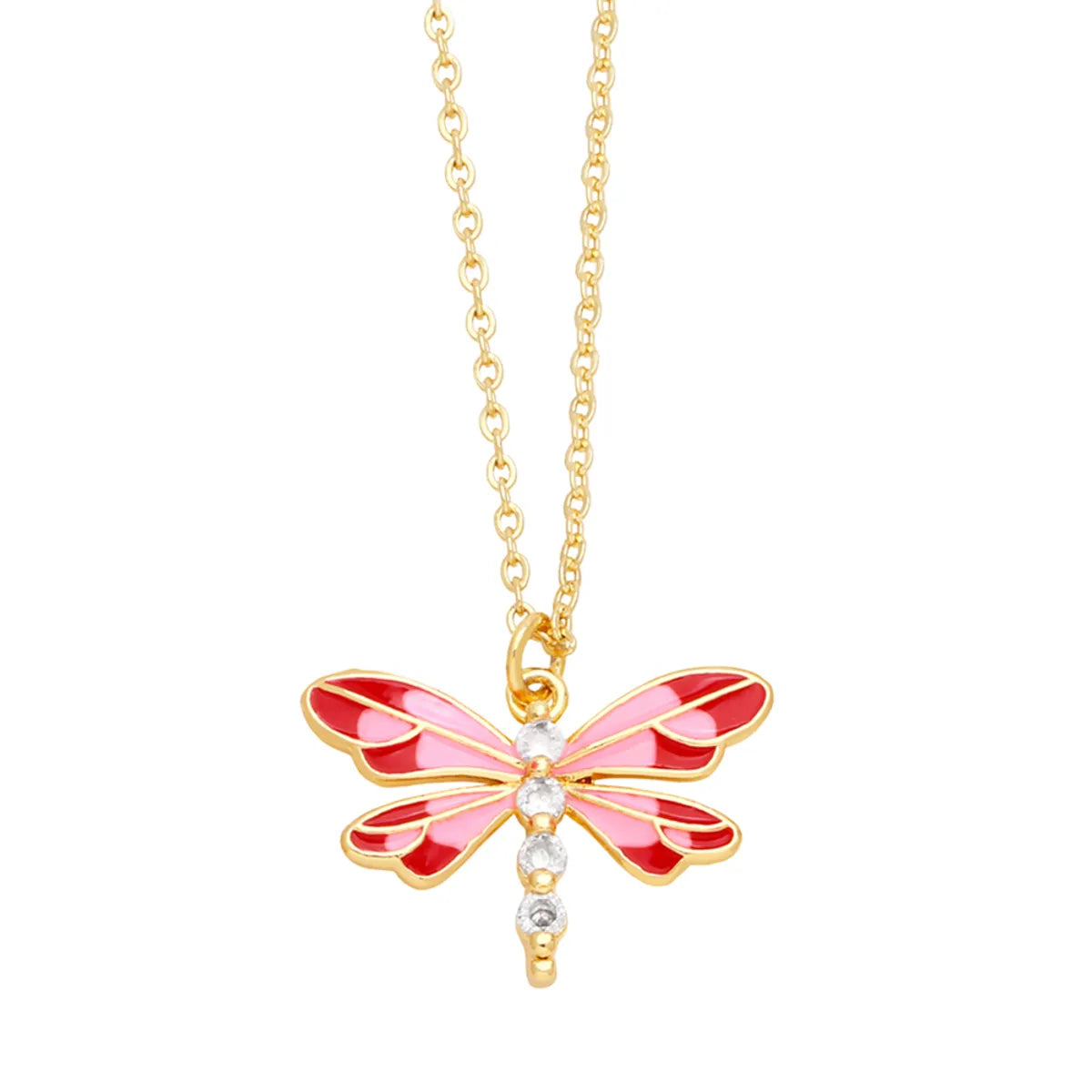 Cute Sweet Dragonfly Stainless Steel Copper Enamel Plating Zircon 18k Gold Plated Pendant Necklace