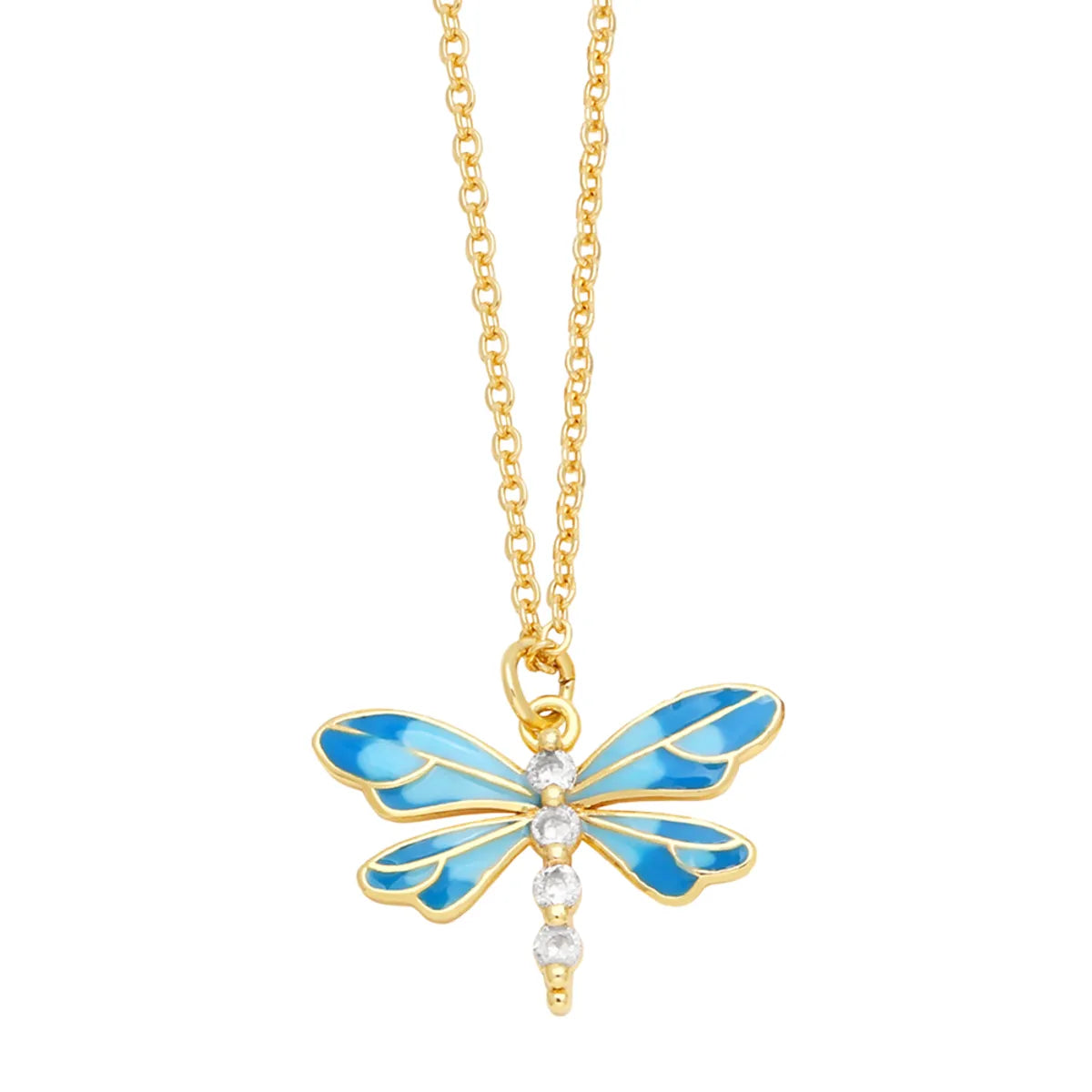 Cute Sweet Dragonfly Stainless Steel Copper Enamel Plating Zircon 18k Gold Plated Pendant Necklace