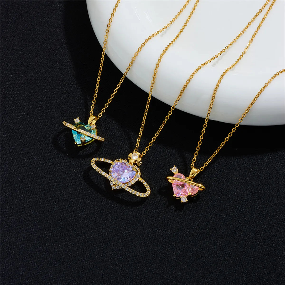 Cute Sweet Heart Shape Copper Plating Inlay Zircon Pendant Necklace