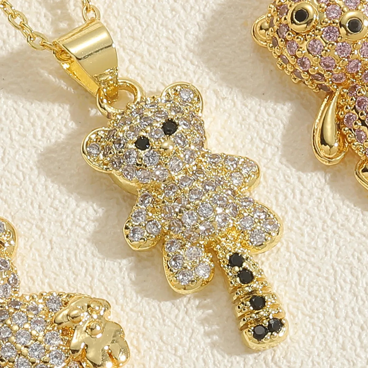 Cute Sweet Little Bear Copper Plating Inlay Zircon 14k Gold Plated Pendant Necklace