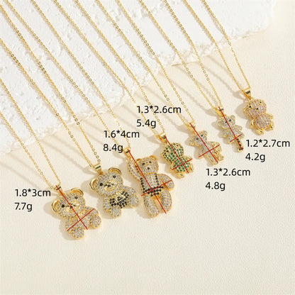 Cute Sweet Little Bear Copper Plating Inlay Zircon 14k Gold Plated Pendant Necklace