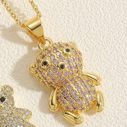 Cute Sweet Little Bear Copper Plating Inlay Zircon 14k Gold Plated Pendant Necklace