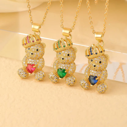 Cute Sweet Little Bear Copper Gold Plated Zircon Pendant Necklace In Bulk