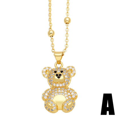 Cute Sweet Little Bear Stainless Steel Copper Plating Inlay Zircon 18k Gold Plated Pendant Necklace