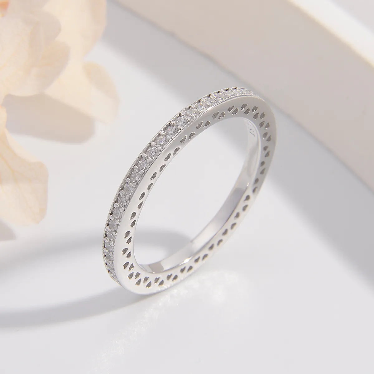 Cute Sweet Round Heart Shape Sterling Silver Plating Hollow Out Inlay Zircon White Gold Plated Rhodium Plated Rings