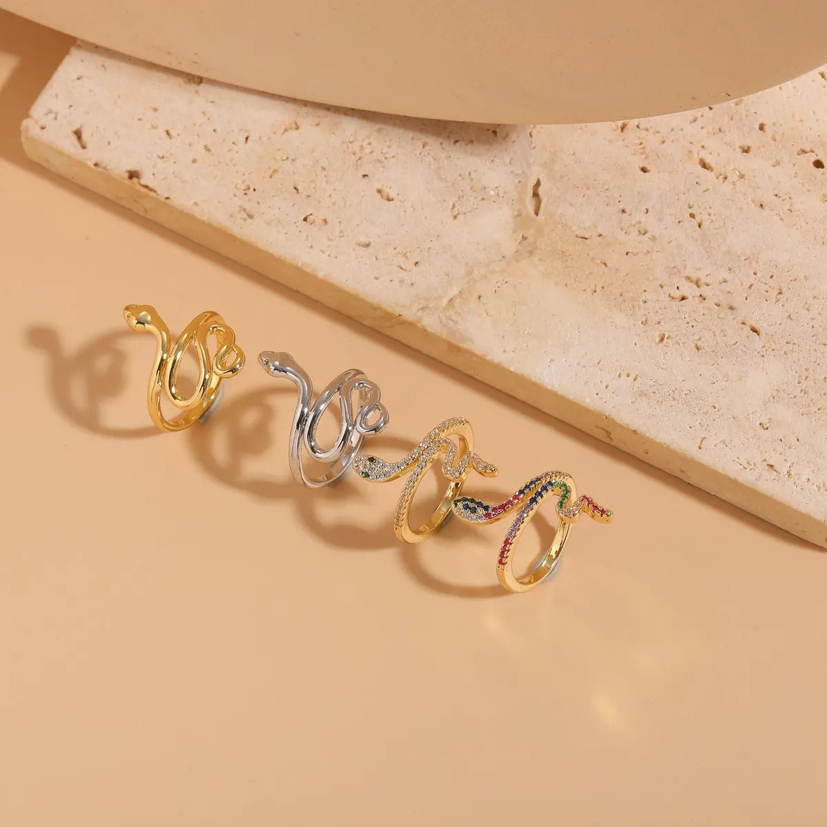 Cute Sweet Simple Style Snake Copper 14k Gold Plated White Gold Plated Zircon Open Rings In Bulk