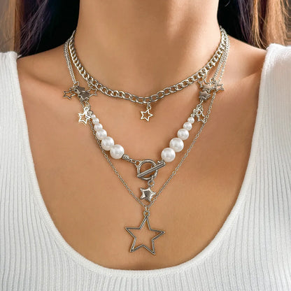 Cute Sweet Star Imitation Pearl Alloy Women'S Three Layer Necklace