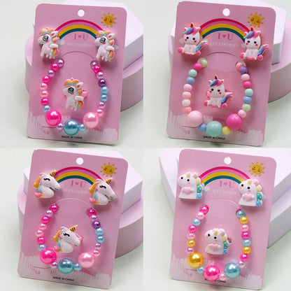 Cute Unicorn Crown Resin Beaded Rings Earrings Necklace 1 Set