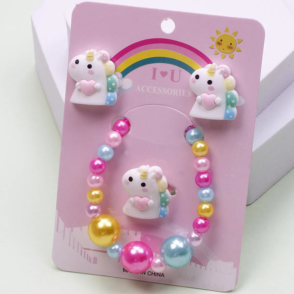 Cute Unicorn Crown Resin Beaded Rings Earrings Necklace 1 Set