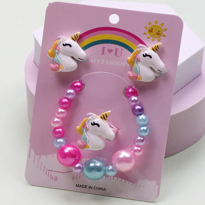 Cute Unicorn Crown Resin Beaded Rings Earrings Necklace 1 Set