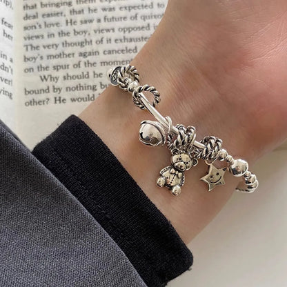 Cute Vintage Style Star Bear Bell Sterling Silver Bracelets