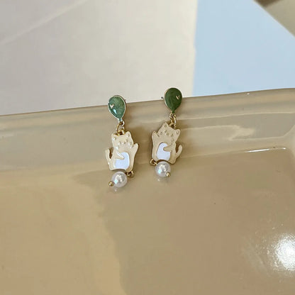 Cute Water Droplets Cat Imitation Pearl Alloy Enamel Earrings