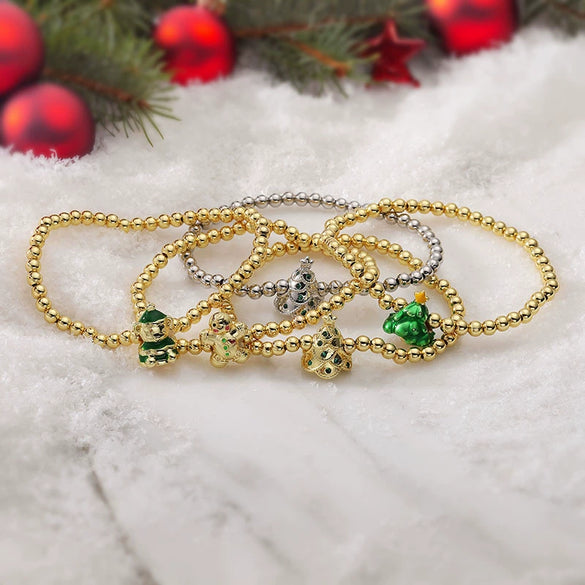 Cute Women's Copper Bead Bracelet With Colorful Oildropping Finish Geometric Christmas Tree And Snowman Charms Festive Jewelry Gift