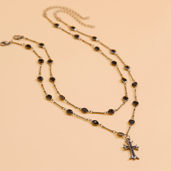 Dark Cross Doublelayer Geometric Alloy Crystal Chain Necklace With Electroplating For Women