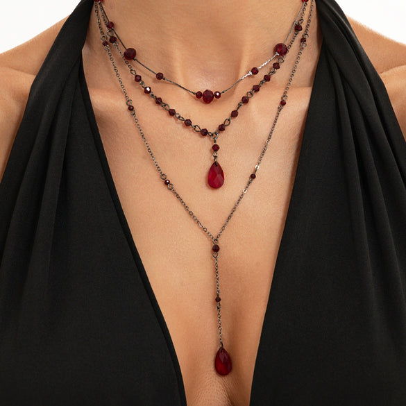 Dark Gothic Glass Crystal Blood Drip Tassel Y Necklace With Geometric Pendant Electroplated Finish And Lobster Clasp