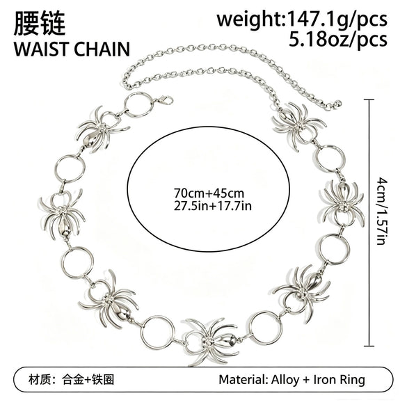 Dark Punk Spider Waist Chain With Hollow Circular Links Single Loop Design And Lobster Clasp Alloy Body Chain For Women