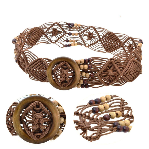 Decorative Belt Wax Rope Wooden Beads Hollow Hand Beaded Woven Clothing Accessories
