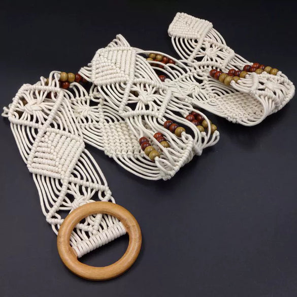 Decorative Belt Wax Rope Wooden Beads Hollow Hand Beaded Woven Clothing Accessories
