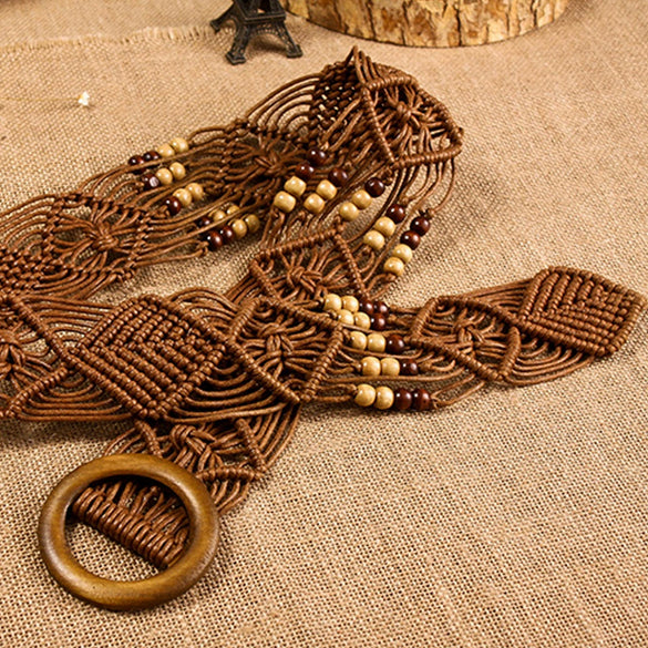 Decorative Belt Wax Rope Wooden Beads Hollow Hand Beaded Woven Clothing Accessories