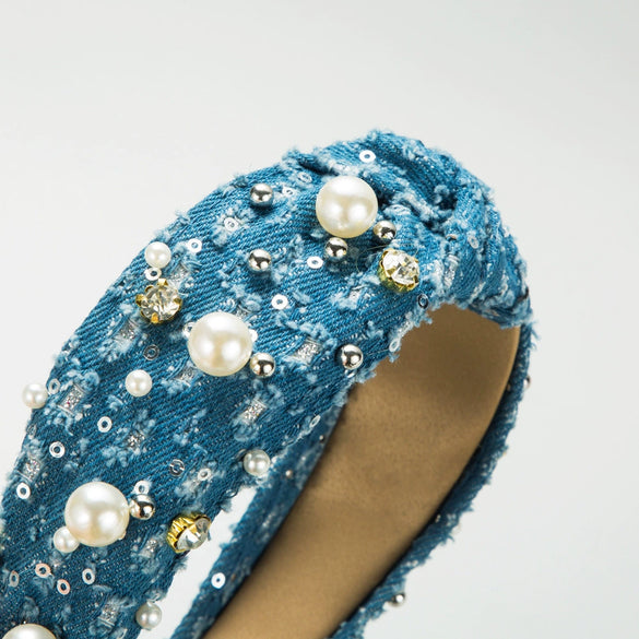 Denim Hairband Pearl Sequins Inlay Women's Hair Accessories