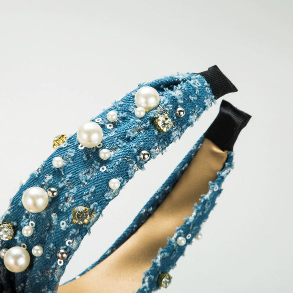Denim Hairband Pearl Sequins Inlay Women's Hair Accessories
