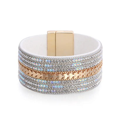 Diamond Leather Wide-Sided Magnetic Buckle Bracelet