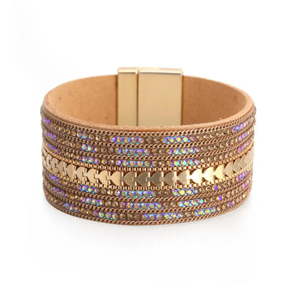 Diamond Leather Wide-Sided Magnetic Buckle Bracelet