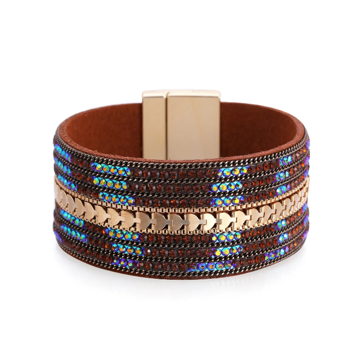 Diamond Leather Wide-Sided Magnetic Buckle Bracelet