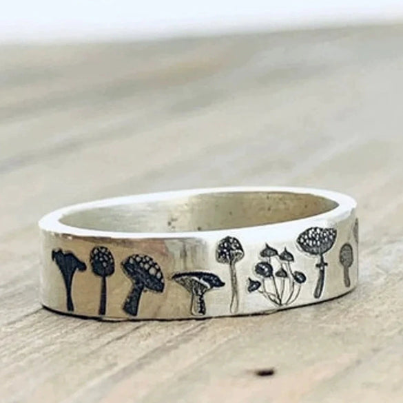 Distressed Embossed Mushroom Pastoral Retro Copper Ring For Women With Electroplating And Geometric Leaf Pattern