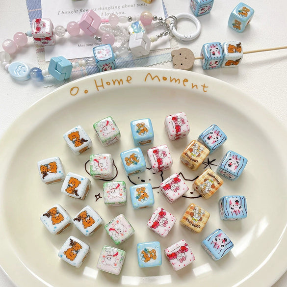 Diy Acrylic Loose Bead Bracelet Necklace Beaded Mobile Phone Chain Handpainted Square Plastic Resin Printing