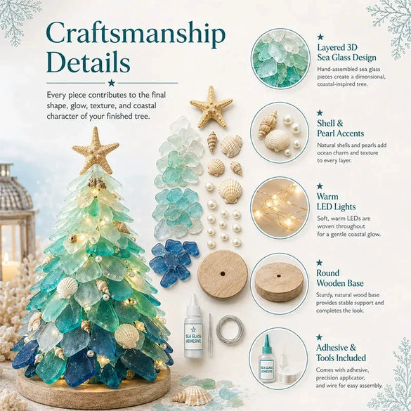 Diy 3D Sea Glass Christmas Tree Resin Ornament Kit With Seashell Pearl Design Glowing Night Light And Handmade Desktop Decoration