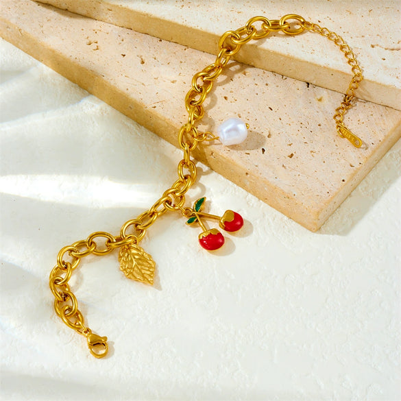 Diy Fruit Leaf Pearl Pendant Stainless Steel Thick Chain Electroplated Women's Bracelet