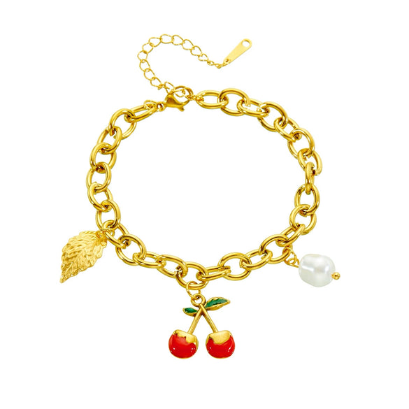 Diy Fruit Leaf Pearl Pendant Stainless Steel Thick Chain Electroplated Women's Bracelet