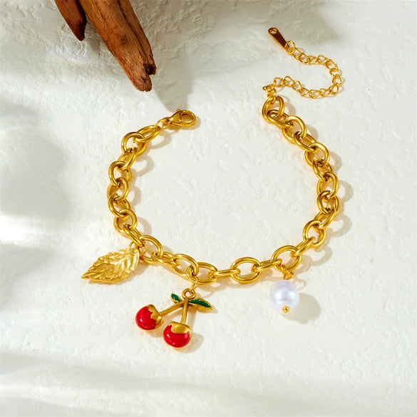 Diy Fruit Leaf Pearl Pendant Stainless Steel Thick Chain Electroplated Women's Bracelet