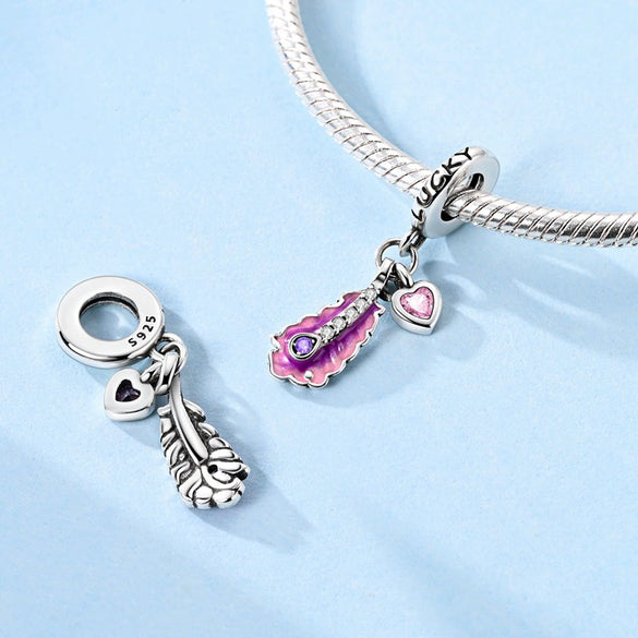 Diy Jewelry Accessories 925 Sterling Silver Charm Virgin Bow Feather Bead Pendant Bracelet Necklace With Dripping Oil Design And Animal Style
