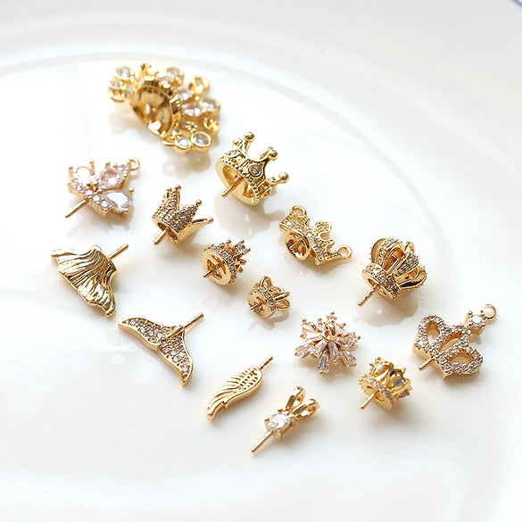 Diy Jewelry Earrings Copper Crown Mermaid Tail Small Wings Real Gold Electroplated With Pearl Decorative Accessories