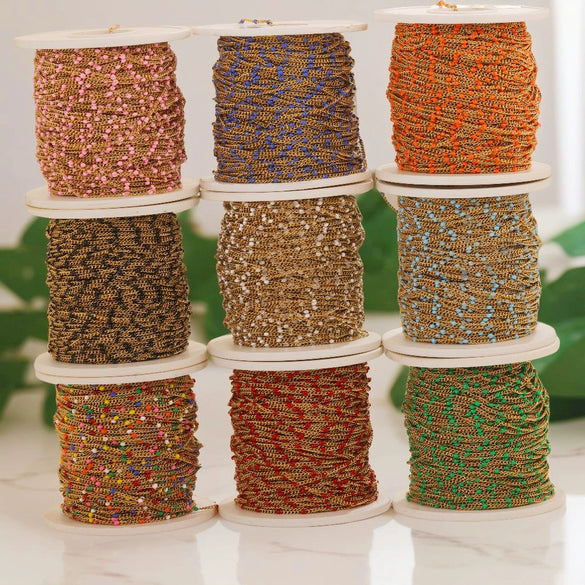 Diy Jewelry Stainless Steel Bead Chain With 18K Gold Enamel Glaze Treatment Round Bead Design