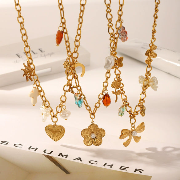 Diy Tassel Charm Clavicle Chain Fashion Design Stainless Steel And Titanium Steel Heart Flower Pendant Necklace With Pvd Vacuum Plating