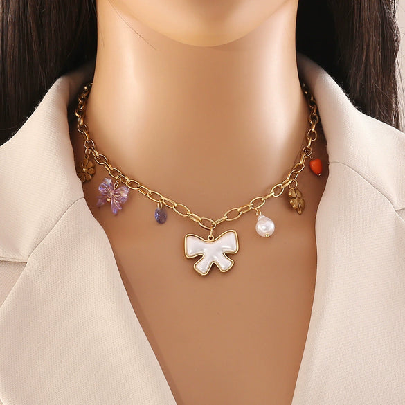 Dopamine Color Fashion Ol Women's Stainless Steel Necklace With Bow Tie Design And Electroplating