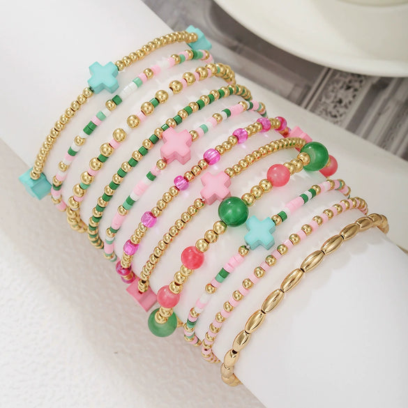 Dopamine Colorful Shell Cross Bracelet Multilayered Handmade With Rice Beads Soft Clay