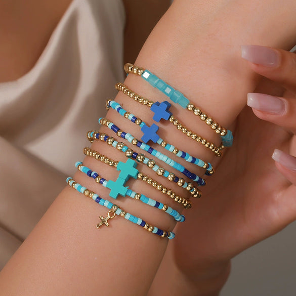 Dopamine Colorful Shell Cross Bracelet Multilayered Handmade With Rice Beads Soft Clay