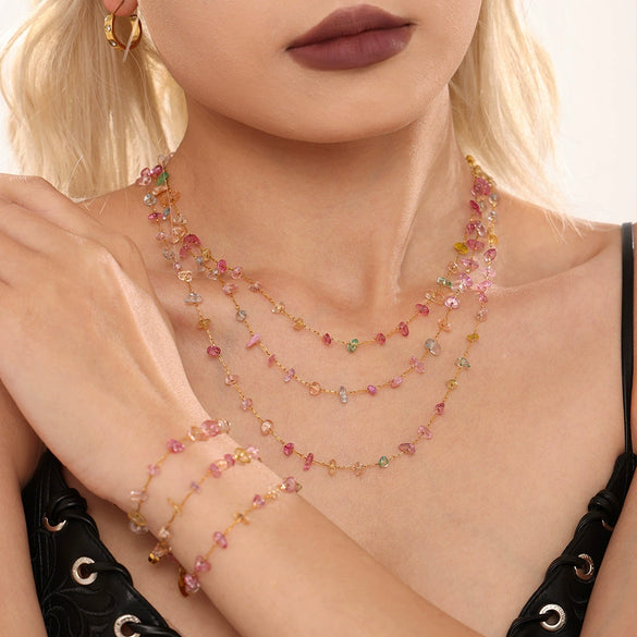 Dopamine Crystal Stainless Steel Chain Clavicle Necklace And Bracelet With Electroplating Light Luxury Style