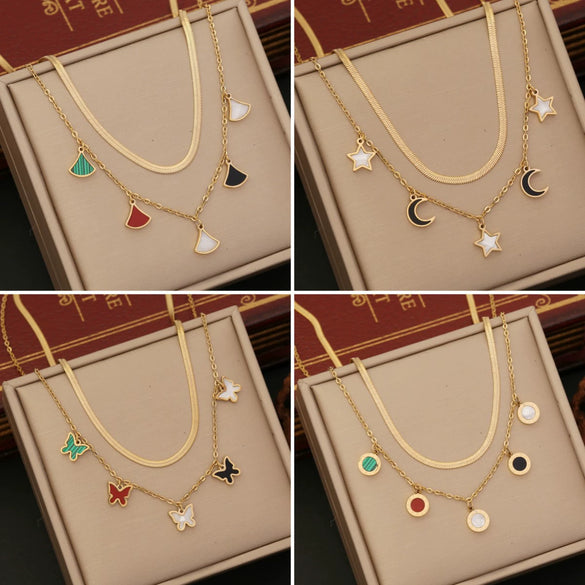 Double Butterfly Star Moon Clavicle Chain Stainless Steel Necklace With Electroplating For Women