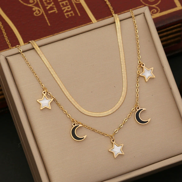 Double Butterfly Star Moon Clavicle Chain Stainless Steel Necklace With Electroplating For Women